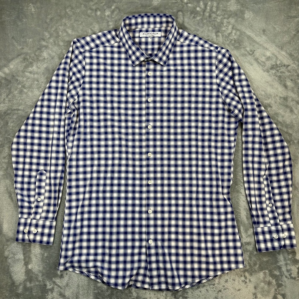 Mizzen + Main Performance Dress Shirt Blue White Gingham LWL-S20-41010 Mens M